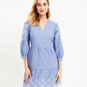 Loft Chambray Embroidered 3/4 Sleeve Dress